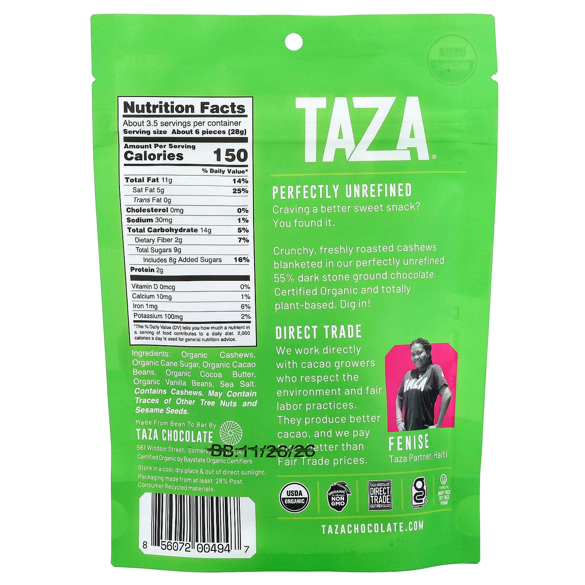 Taza Chocolate, Chocolate Covered Cashews, 55% Cacao, 3.5 oz (99 g)