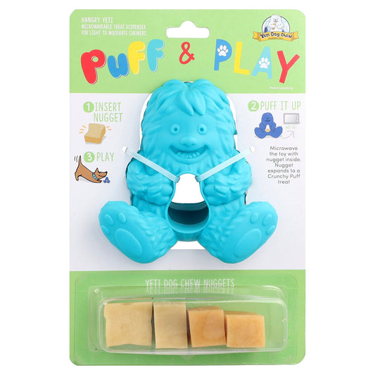 Puff & Play, Treat Dispenser, Yeti Dog Chew Nuggets, Blue, 4 Nuggets, 1 Dispenser
