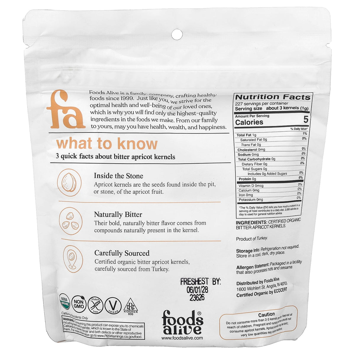 Foods Alive, Bitter Apricot Kernels, Whole, 8 oz (227 g)