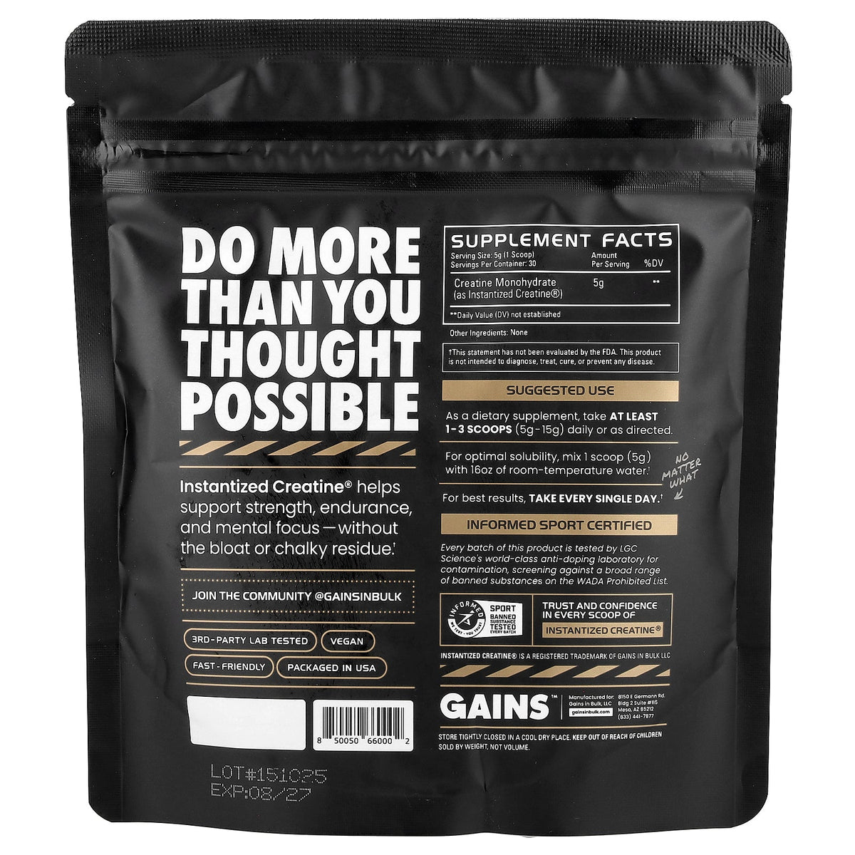 GAINS, Instantized Creatine®, Soluble Creatine Monohydrate, Original, Unflavored, 5.29 oz (150 g)