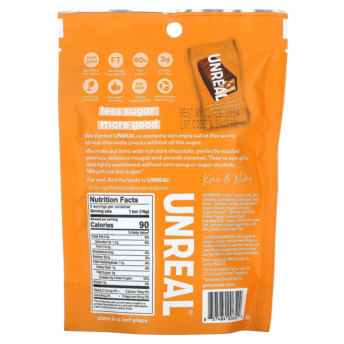 Unreal, Dark Chocolate Caramel Peanut Nougat Bars, 3.4 oz (95 g)