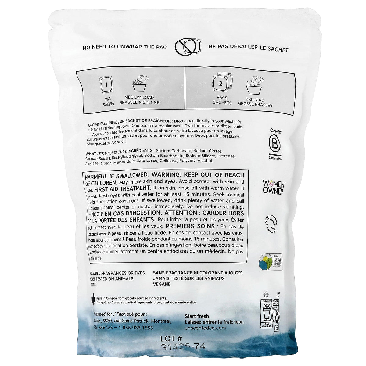 The Unscented Company, Laundry Pacs, Fragrance Free, 35 Pacs, 1.39 lb (630 g)