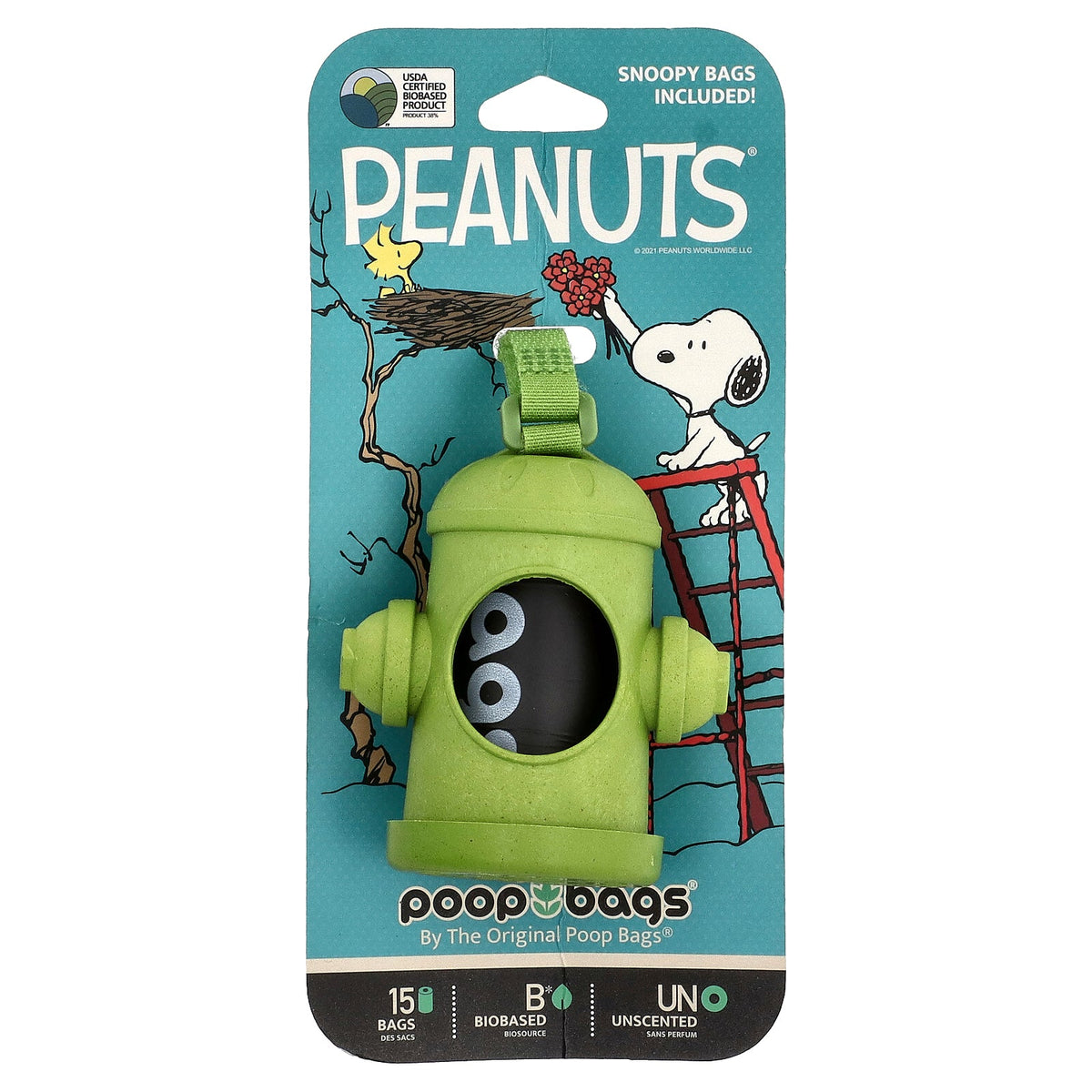 Original Poop Bags, Peanuts®, Bag Dispenser, Green, Snoopy Bags, Unscented, 1 Dispenser, 15 Bags
