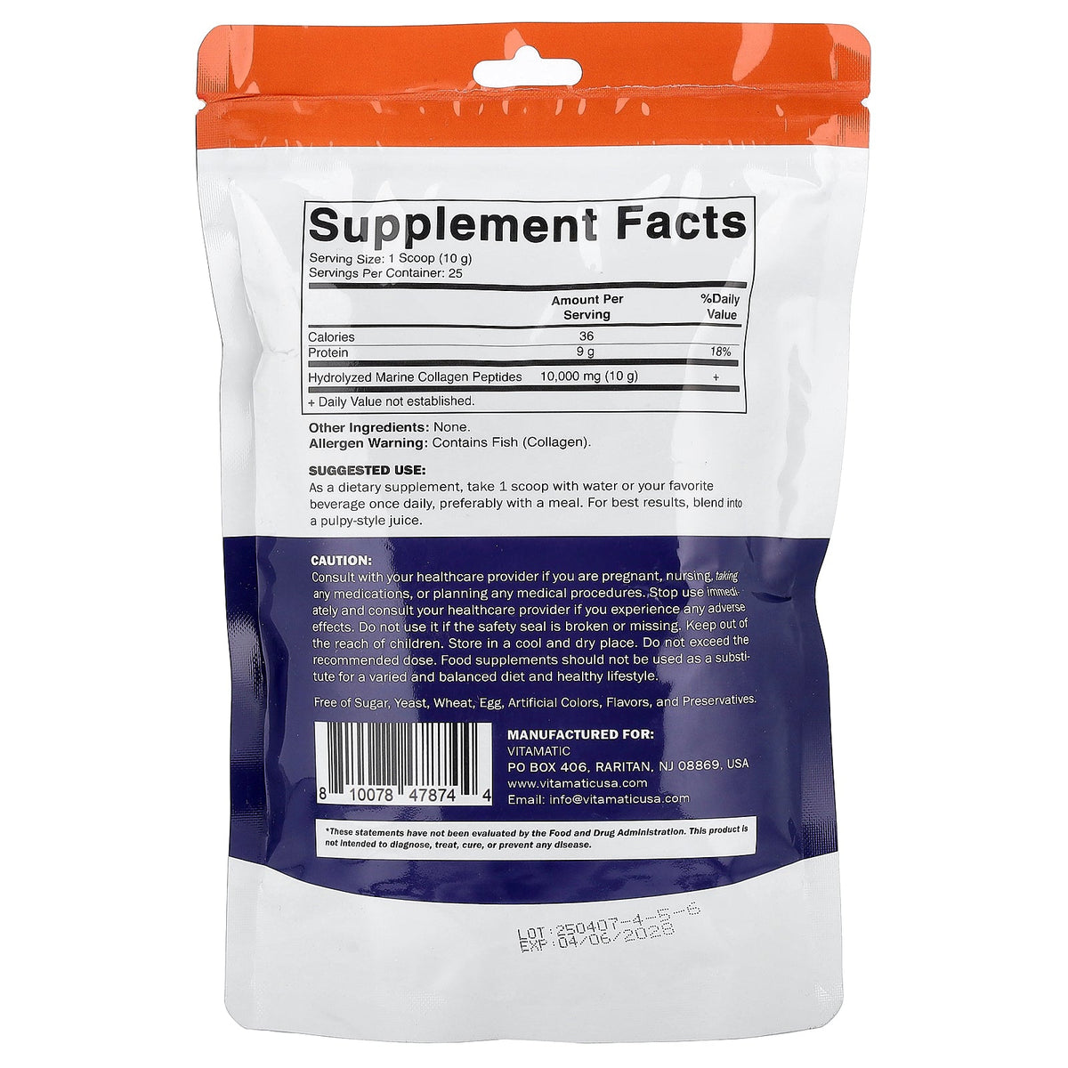 Vitamatic, Hydrolyzed Marine Collagen Powder, Unflavored, 8.8 oz (250 g)
