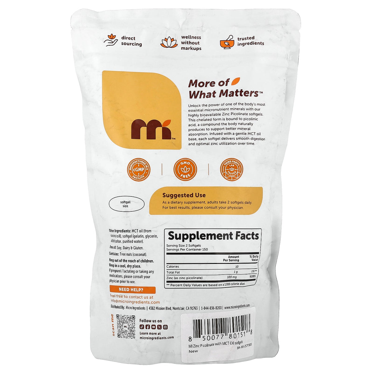 Micro Ingredients, Zinc Picolinate, 300 Softgels (50 mg per Softgel)