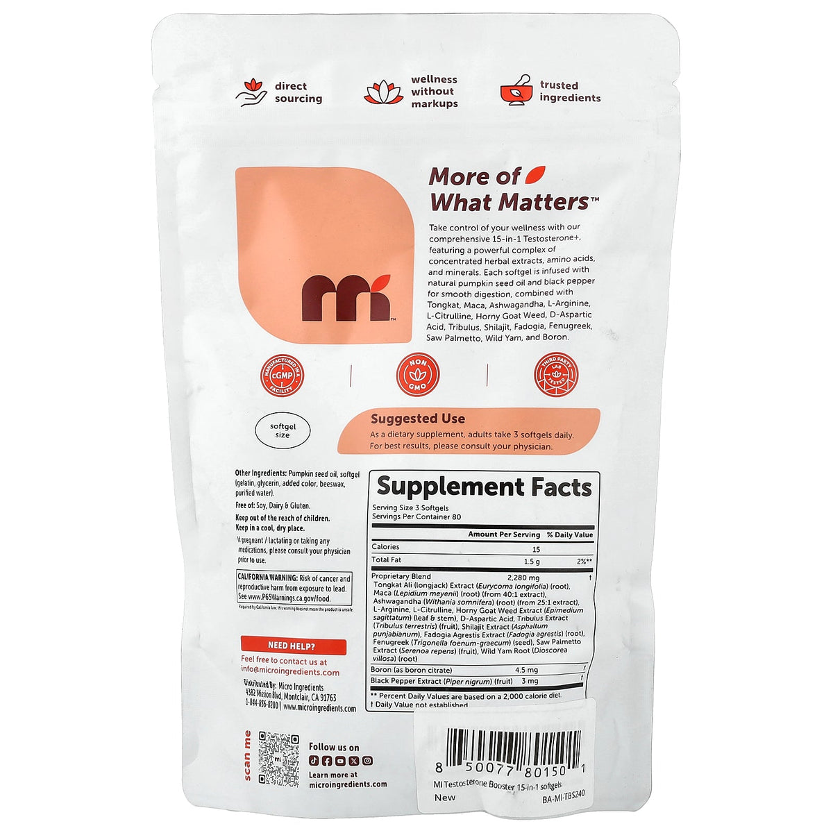 Micro Ingredients, Testosterone+ Advanced 15-in-1, 240 Softgels