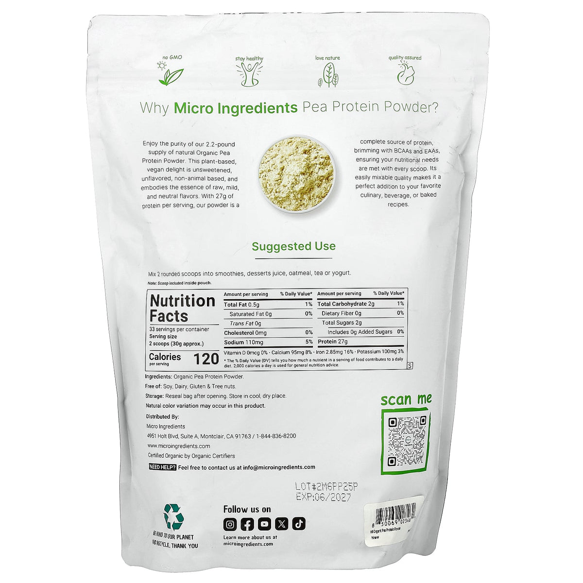 Micro Ingredients, Organic Pea Protein Powder, 2.2 lb (1,000 g)