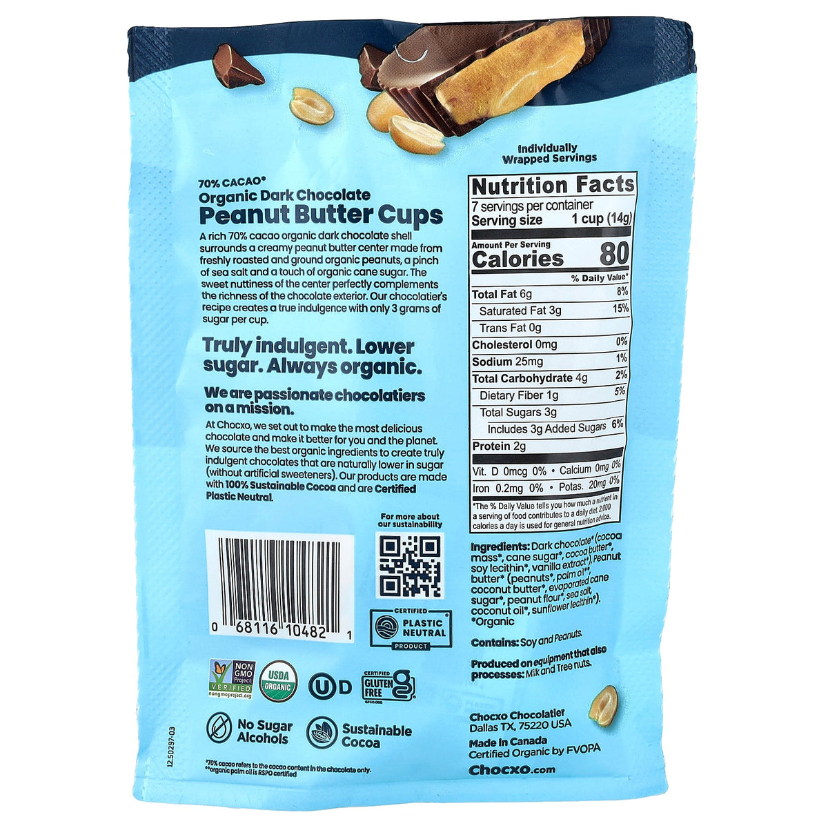 Chocxo, Organic Dark Chocolate, Peanut Butter Cups, 7 Cups, 0.5 oz (14 g) Each