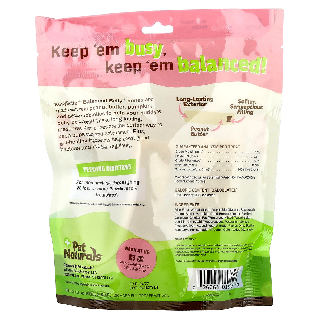 Pet Naturals, BusyButter®, Balanced Belly Bones, For Dogs Over 26 lbs, Peanut Butter-Filled, 13 oz (368.5 g)