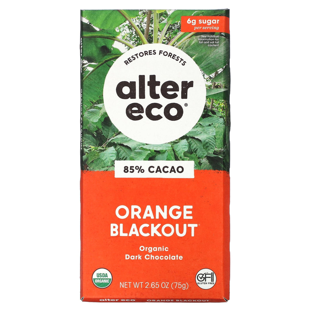 Alter Eco, Organic Dark Chocolate Bar, Orange Blackout, 85% Cacao, 2.65 oz (75 g)