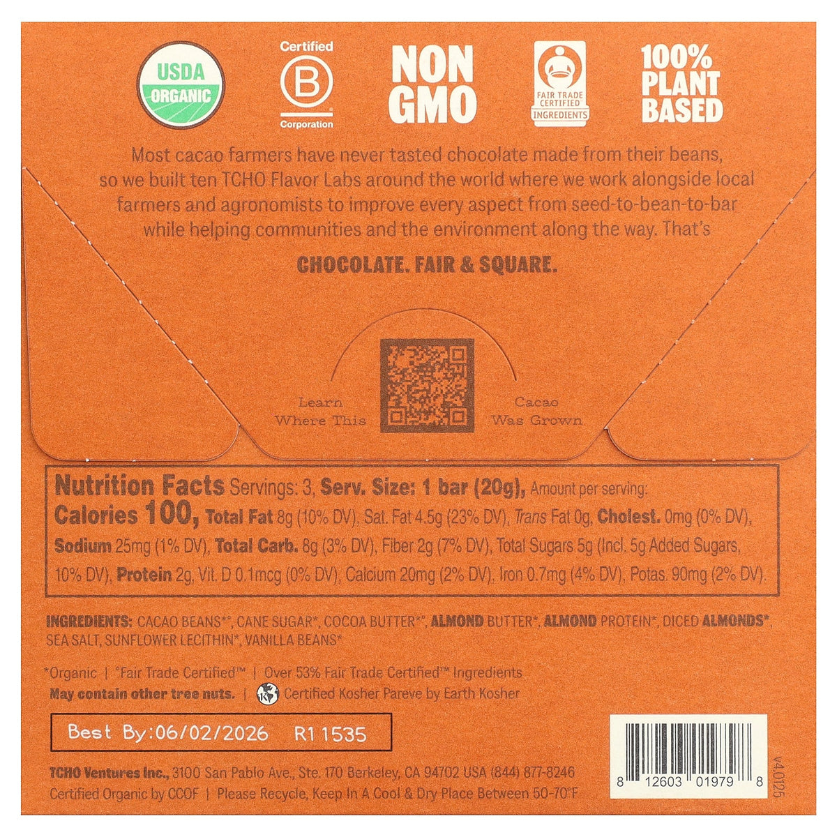 TCHO, Aww Nuts!, Almond Butter & Sea Salt Filled Dark Chocolate, 75% Cacao Shell, 3 Bars, 0.70 oz Each