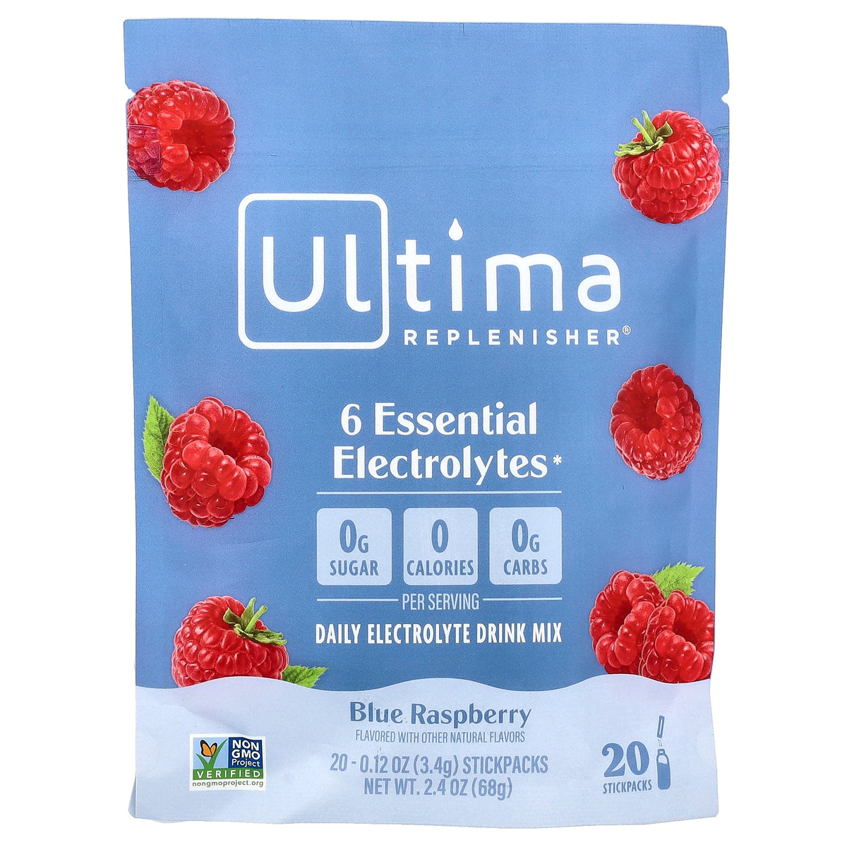 Ultima Replenisher, 6 Essential Electrolytes, Daily Electrolyte Drink Mix, Blue Raspberry, 20 Stickpacks, 0.12 oz (3.4 g) Each