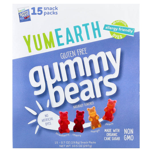 YumEarth, Gummy Bears, Assorted Fruit, 15 Snack Packs, 0.7 oz (19.8 g) Each