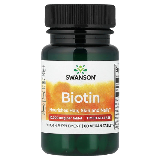 Swanson Vitamins, Biotin, Time-Release, 10,000 mcg, 60 Vegan Tablets