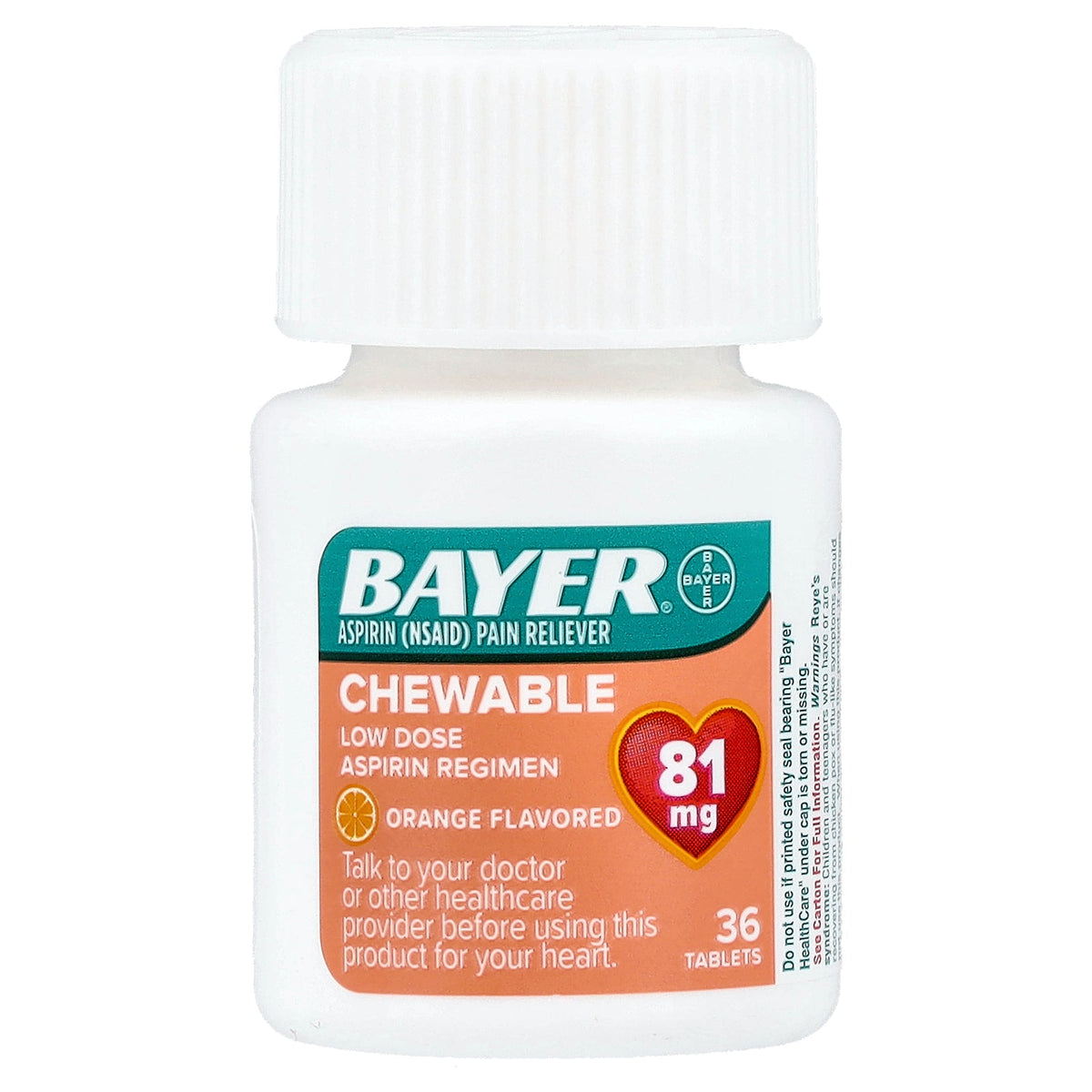 Bayer, Chewable Low Dose Aspirin Regimen, Orange, 81 mg, 36 Tablets