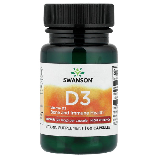 Swanson Vitamins, Vitamin D3, High Potency, 25 mcg (1,000 IU), 60 Capsules