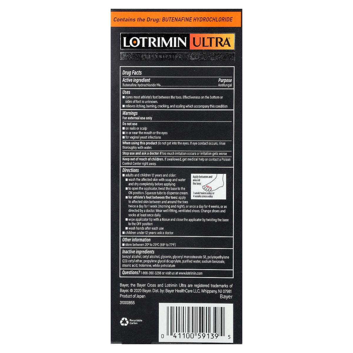 Lotrimin, Ultra® Antifungal, Butenafine Hydrochloride Cream with No Touch Applicator, 0.7 oz (20 g)