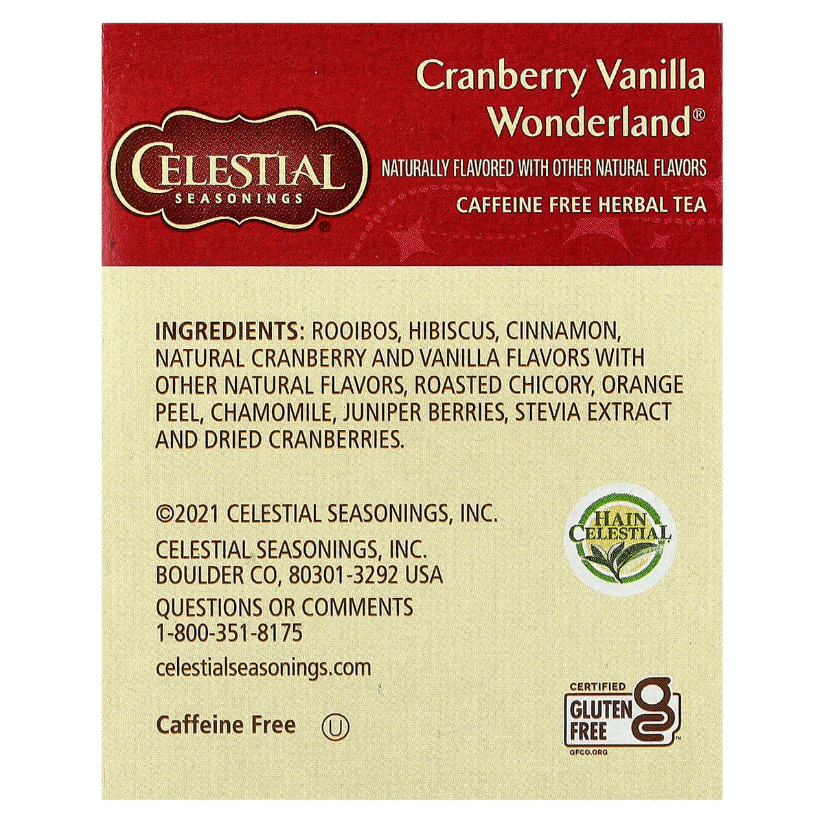 Celestial Seasonings, Holiday Herbal Tea, Cranberry Vanilla Wonderland®, Caffeine Free, 18 Tea Bags, 1.3 oz (38 g)