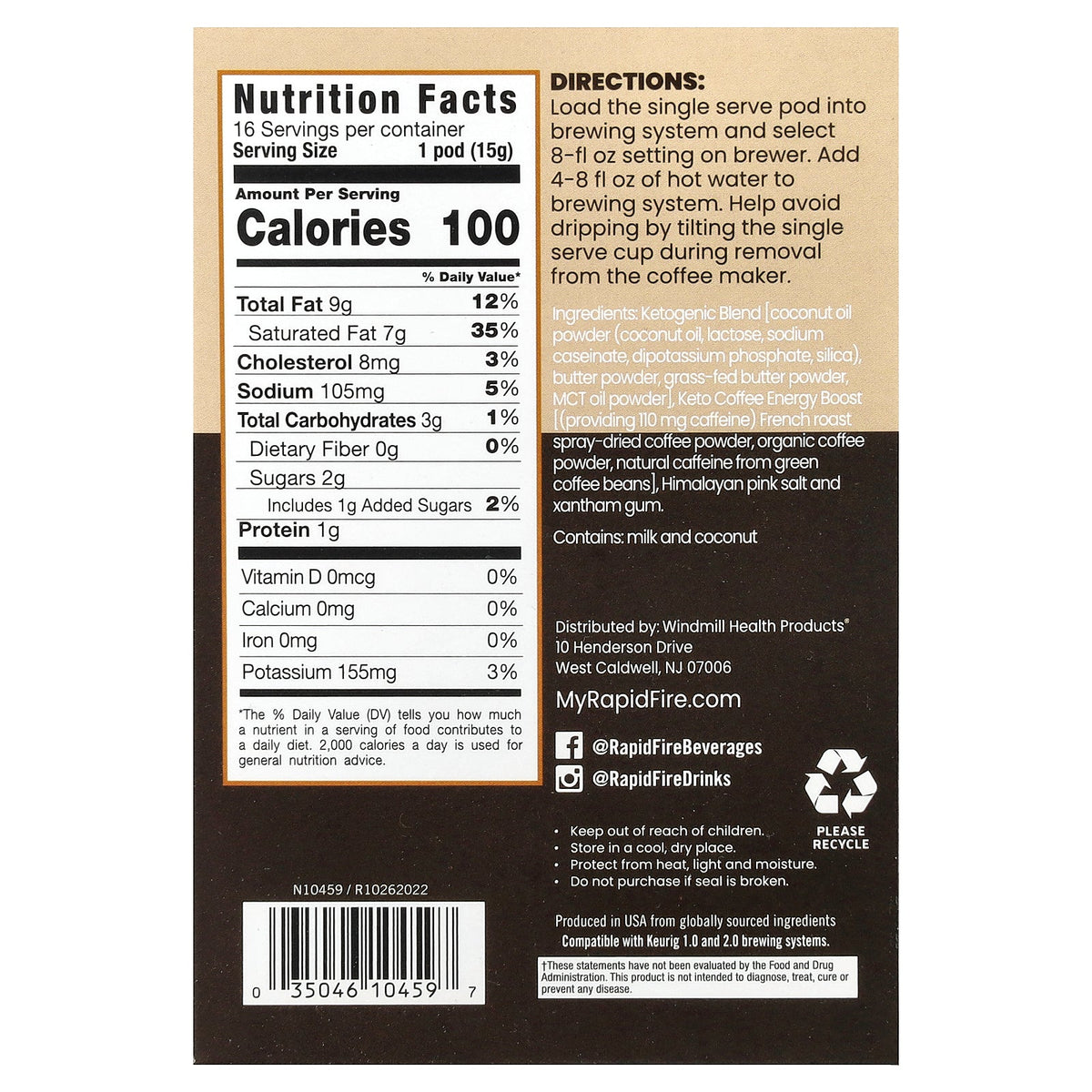 RAPIDFIRE, Keto Coffee Pods, Original Blend, Medium Roast, 16 Pods, 8.46 oz (240 g)