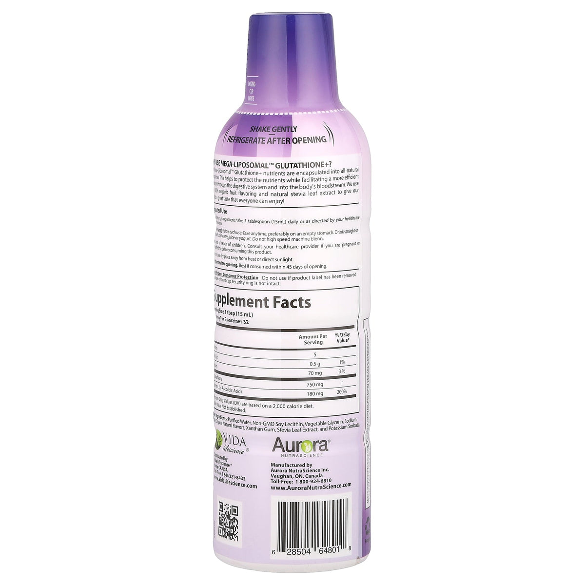 Aurora Nutrascience, Mega-Liposomal™ Glutathione+, Plus Vitamin C, Organic Fruit, 750 mg, 16 fl oz (480 ml)