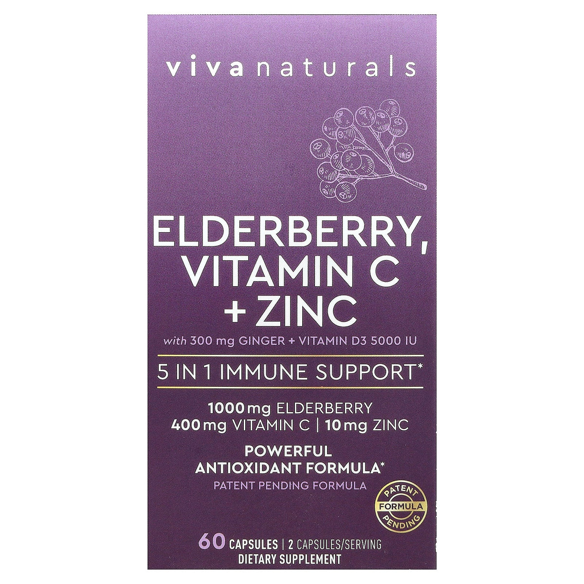 Viva Naturals, Elderberry, Vitamin C + Zinc with Ginger + Vitamin D3, 60 Capsules