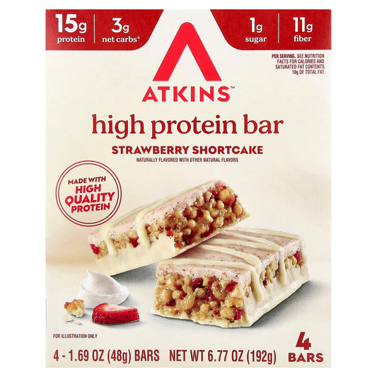Atkins, High Protein Bar, Strawberry Shortcake, 4 Bars, 1.69 oz (48 g) Each
