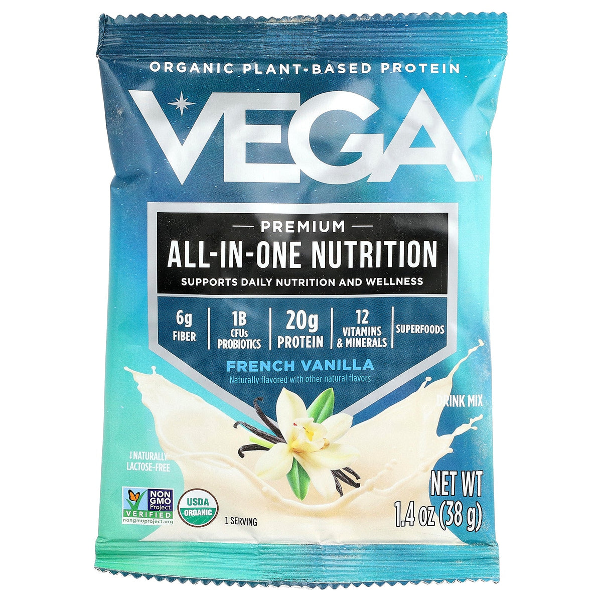 Vega, Organic Plant-Based Protein, Premium All-In-One Nutrition, French Vanilla, 10 Packs, 1.4 oz (38 g) Each