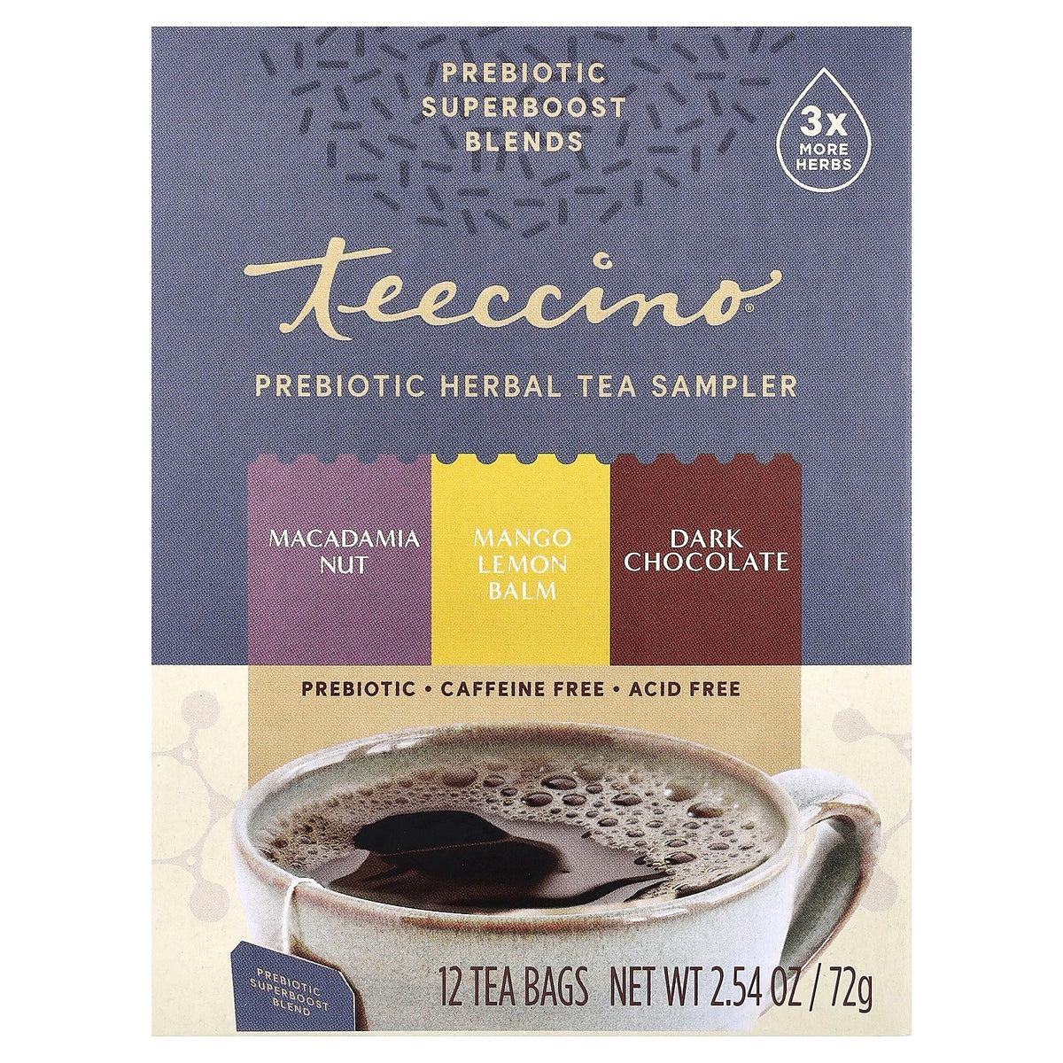 Teeccino, Prebiotic Herbal Tea Sampler, 3 Flavors, Caffeine Free, 12 Tea Bags, 2.54 oz (72 g)