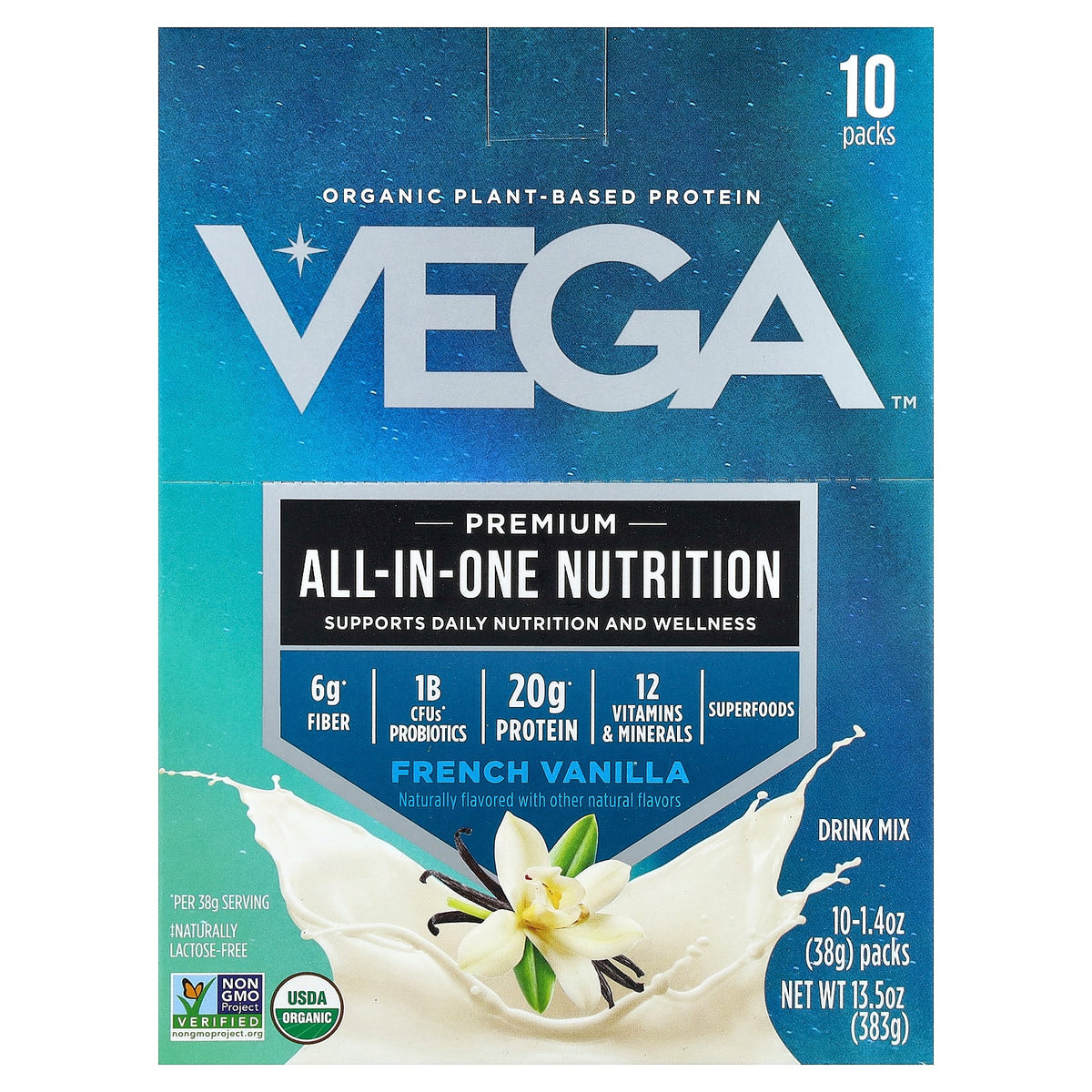 Vega, Organic Plant-Based Protein, Premium All-In-One Nutrition, French Vanilla, 10 Packs, 1.4 oz (38 g) Each