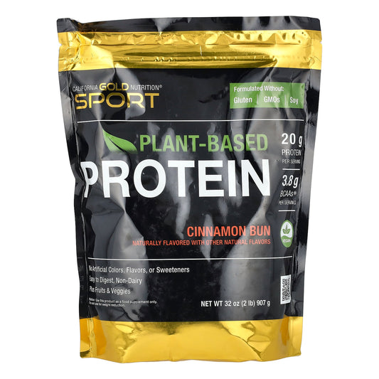 California Gold Nutrition, Sport, Plant-Based Protein with Organic Brown Rice Protein Concentrate, Flaxseed, Chia Seed, Cinnamon Bun, 2 lb (907 g)