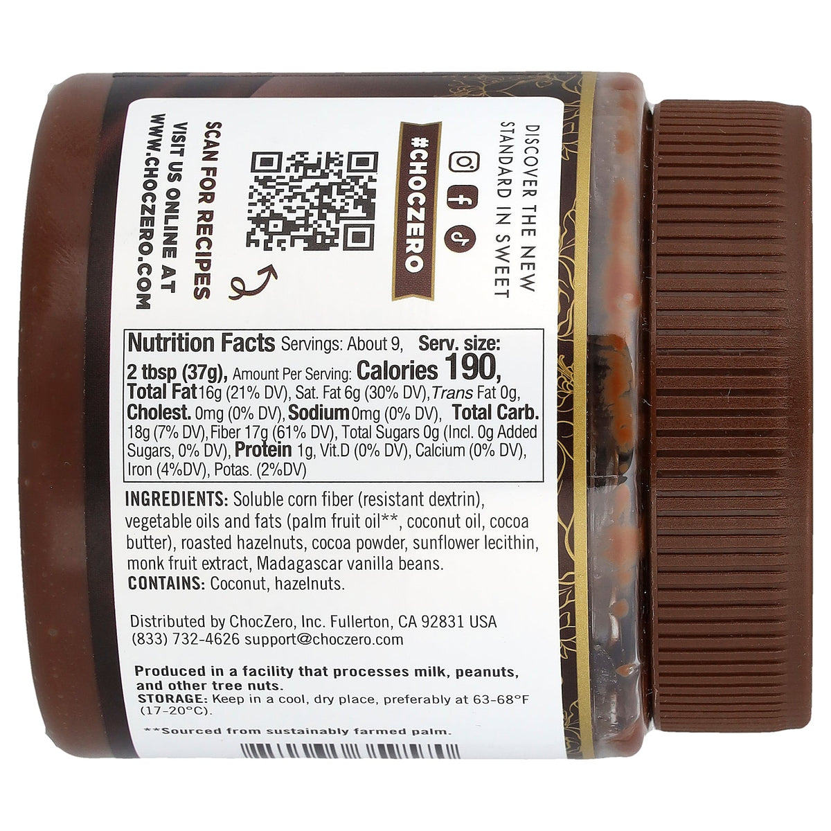 ChocZero, Dark Cocoa Hazelnut Spread, 12 oz (340 g)