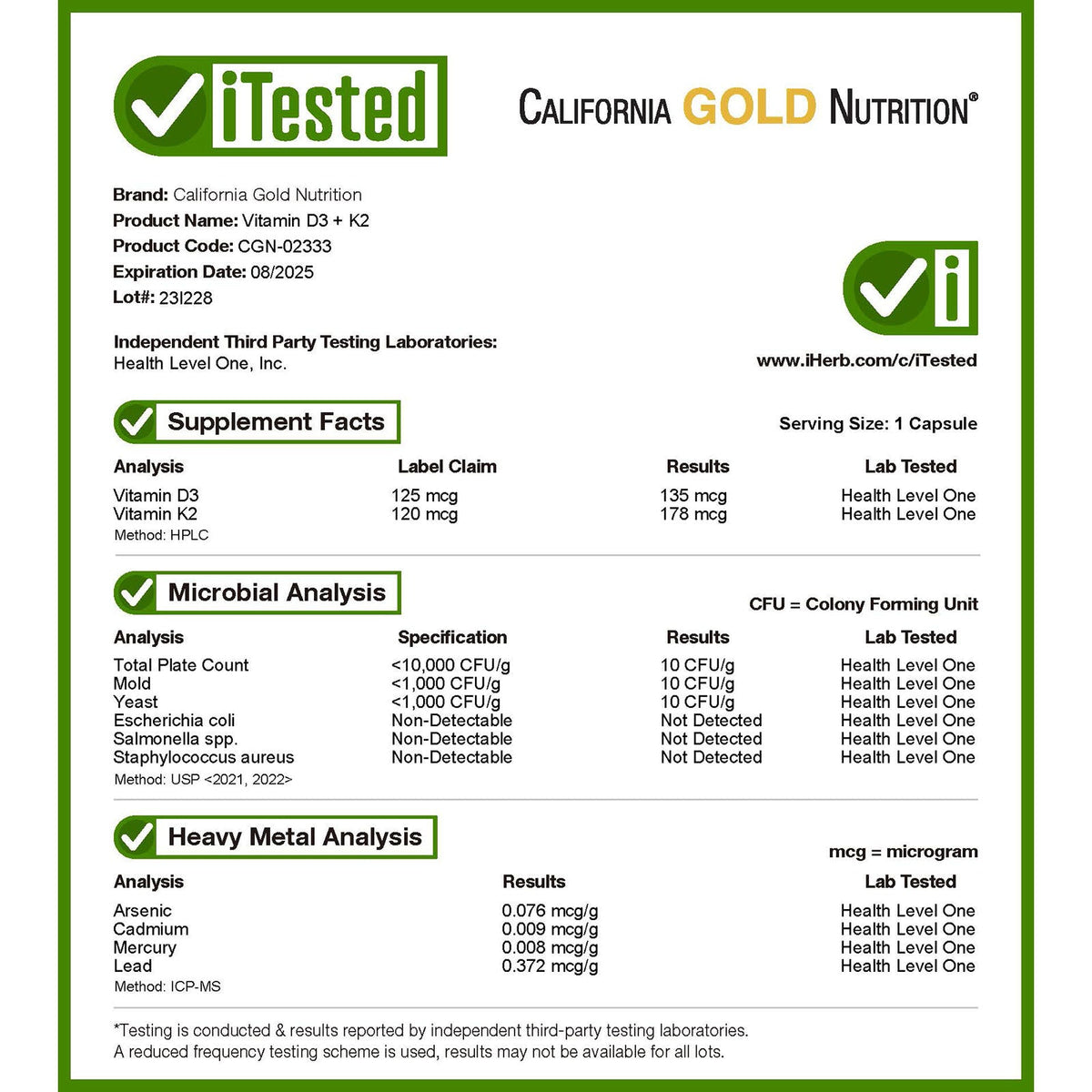 California Gold Nutrition, Vitamin D3 + K2 as MK-7, 180 Veggie Capsules