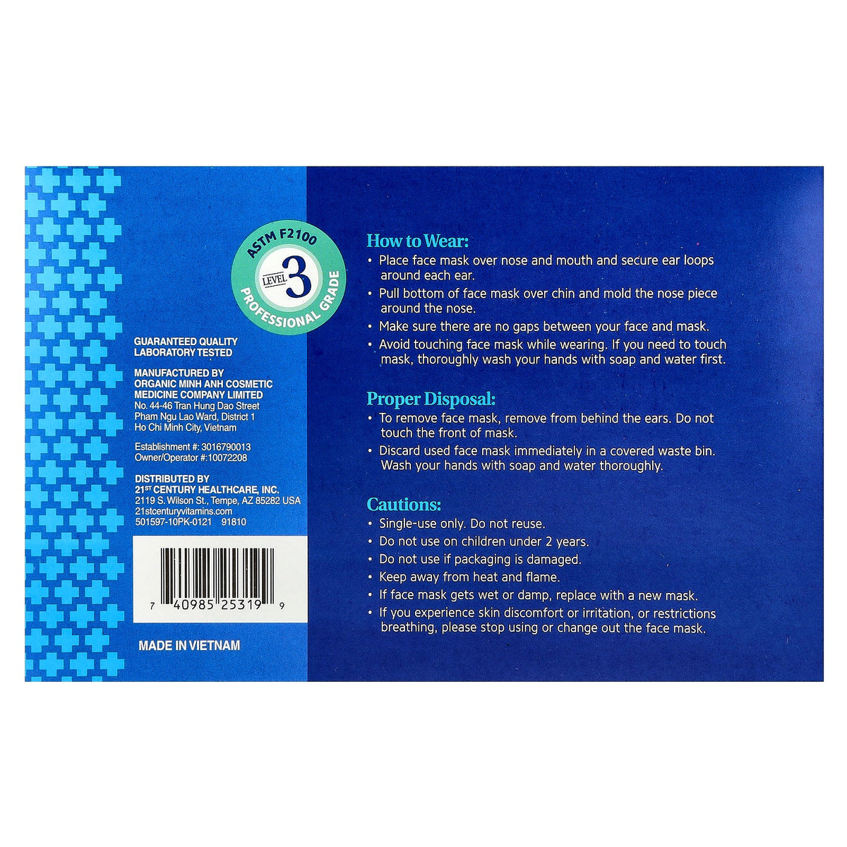 21st Century, Protective Face Mask, ASTM F2100, Single Use Disposable Masks, 50 Masks, 5-10 ct Packs