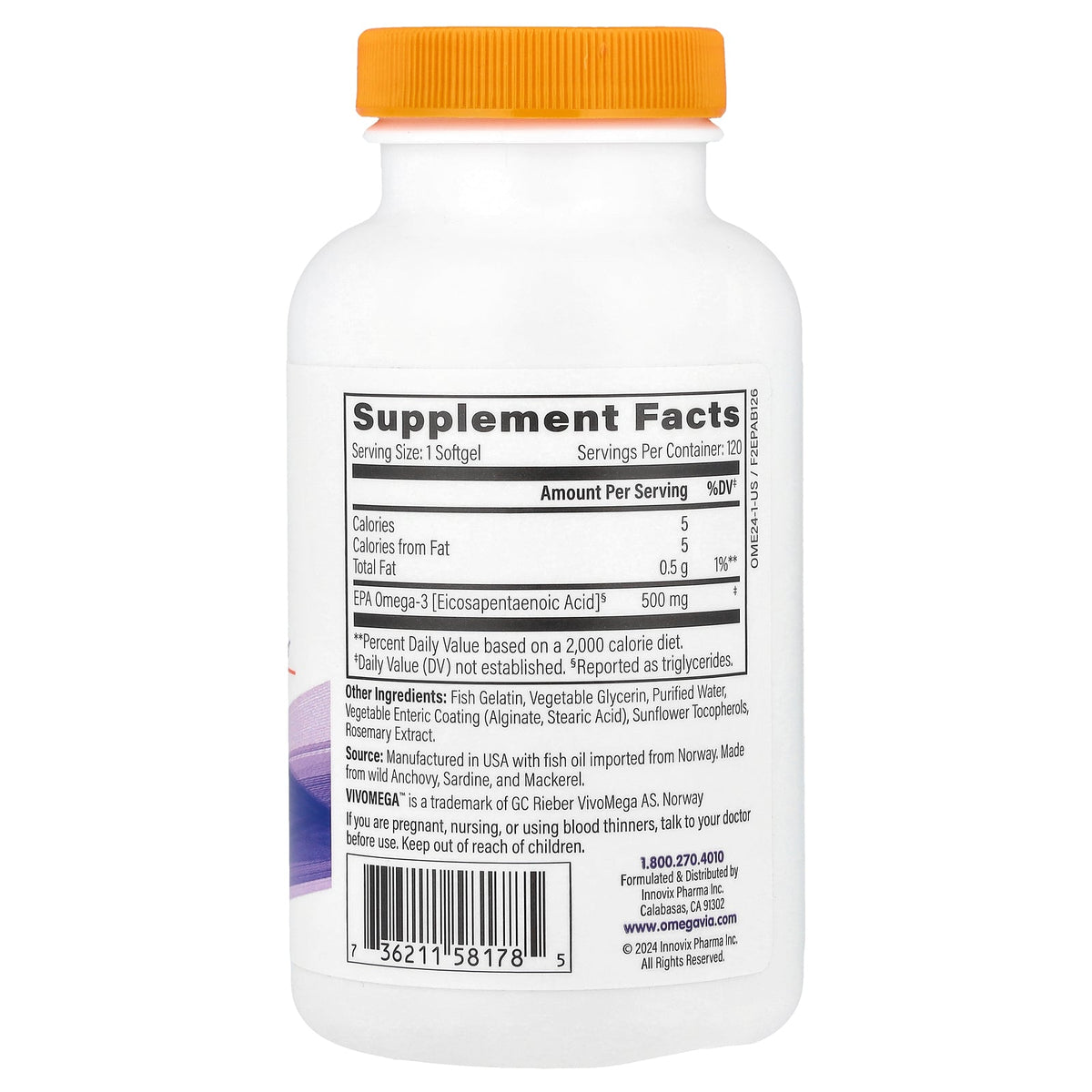 OmegaVia, EPA 500, Omega-3, 500 mg, 120 Softgels
