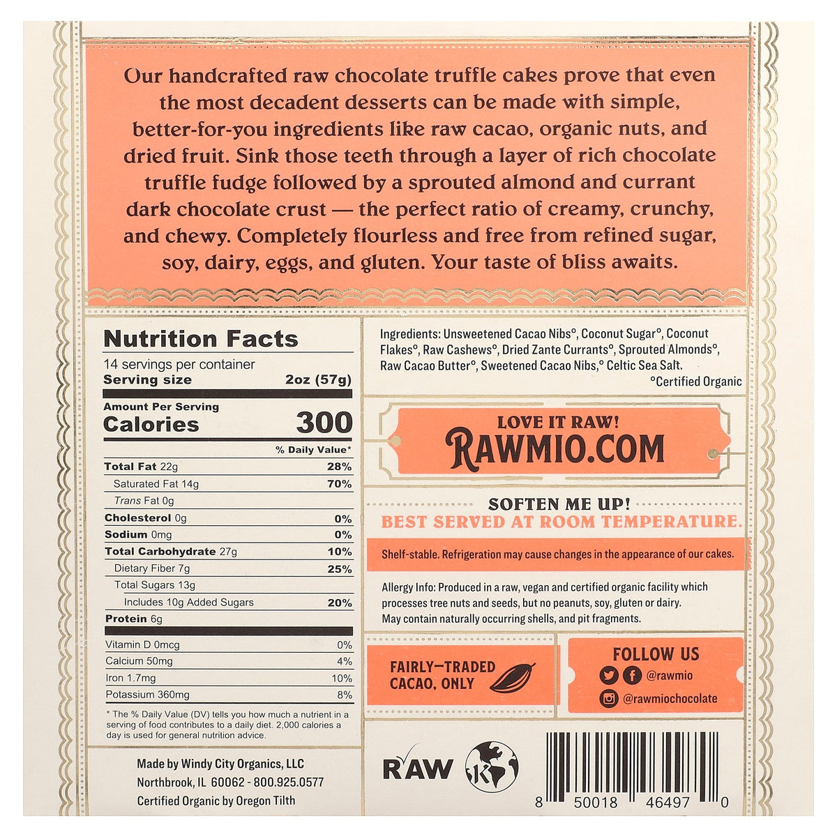 Rawmio, Organic Raw Chocolate Truffle Cake, 28 oz (794 g)