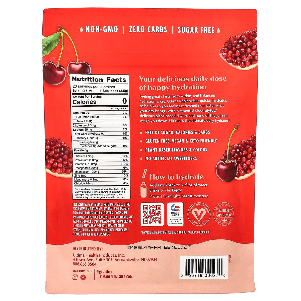 Ultima Replenisher, 6 Essential Electrolytes, Daily Electrolyte Drink Mix, Cherry Pomegranate, 20 Stickpacks, 0.12 oz (3.5 g) Each