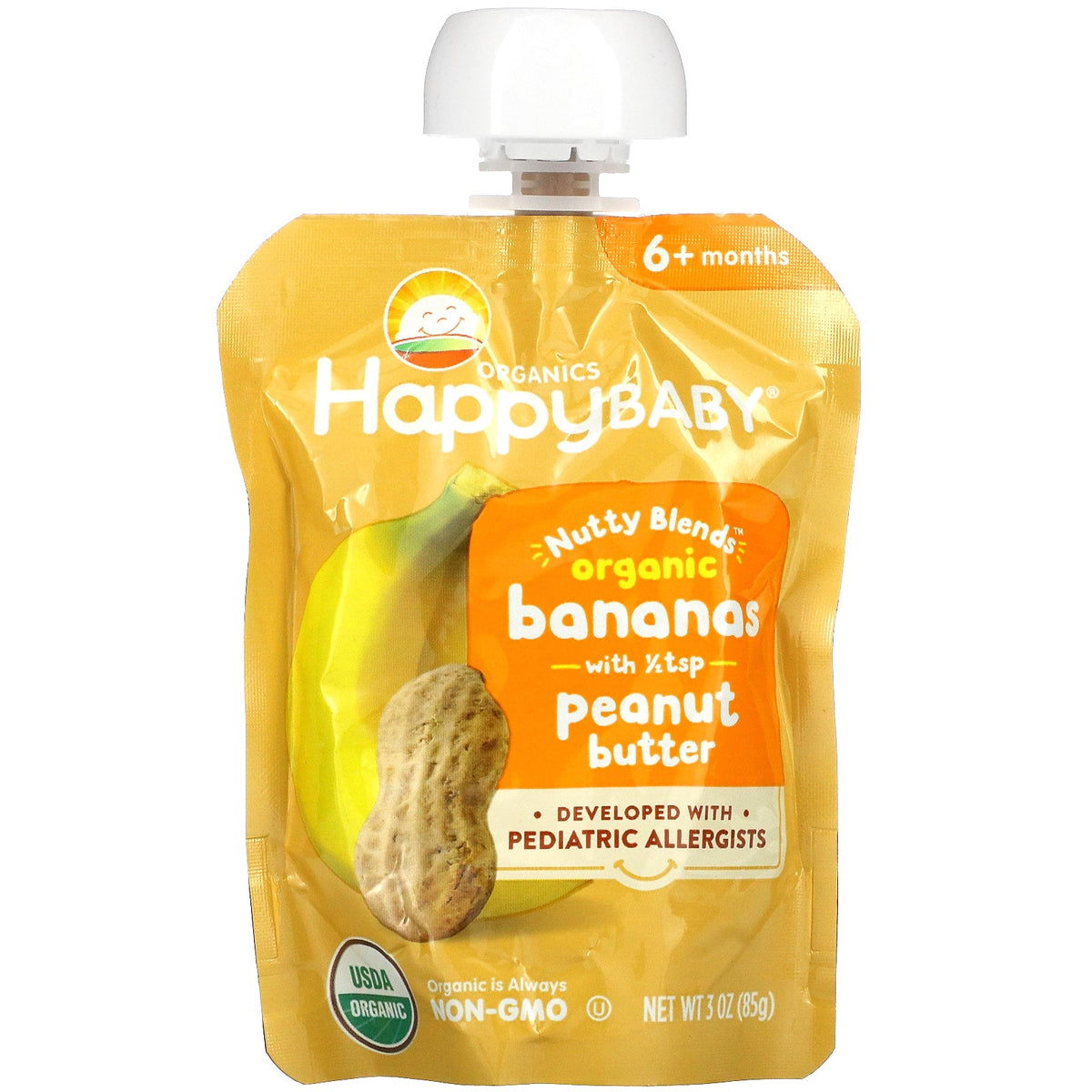 Happy Family Organics, Happy Baby®, Nutty Blends™, 6+ Months, Organic Bananas with 1/2 tsp Peanut Butter, 3 oz (85 g)