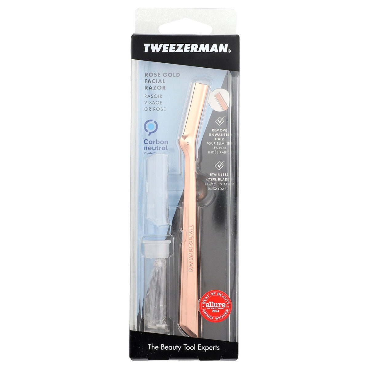 Tweezerman, Rose Gold Facial Razor, Stainless Steel Blades, 5 Piece Set