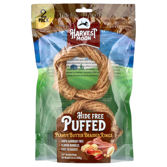 Harvest Moon, Hide Free Puffed, Peanut Butter Braided Rings, For Dogs, 2 Pack, 5.6 oz (160 g)