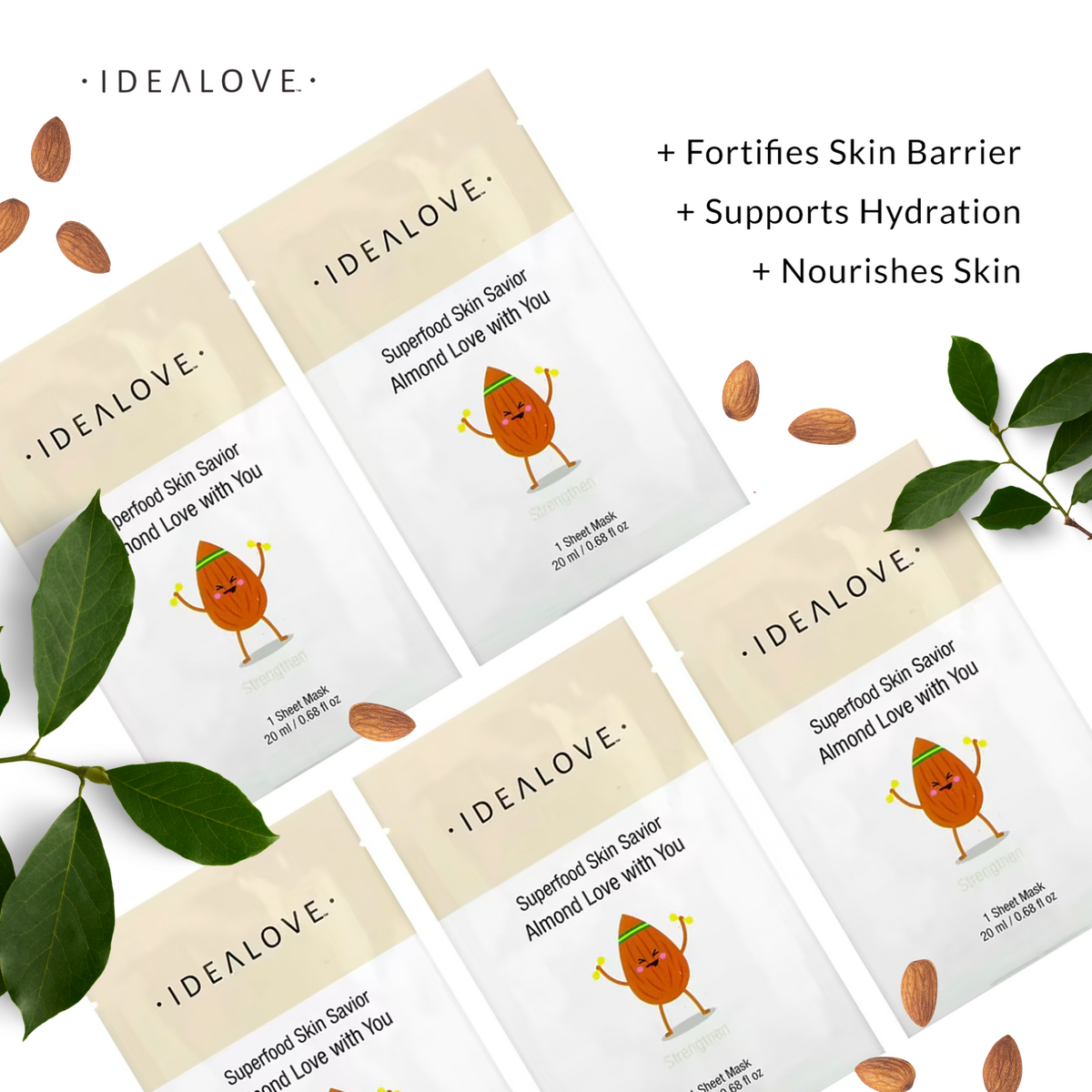 Idealove, Superfood Skin Savior Beauty Masks, Almond Love with You, 5 Sheets, 0.68 fl oz (20 ml) Each