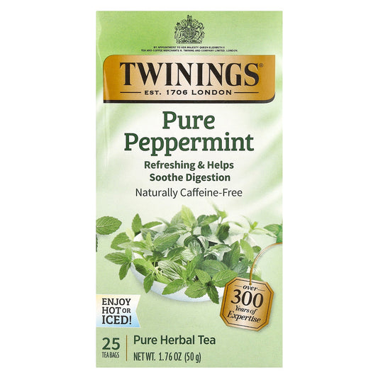 Twinings, Pure Herbal Tea, Pure Peppermint, Caffeine Free, 25 Tea Bags, 1.76 oz (50 g)
