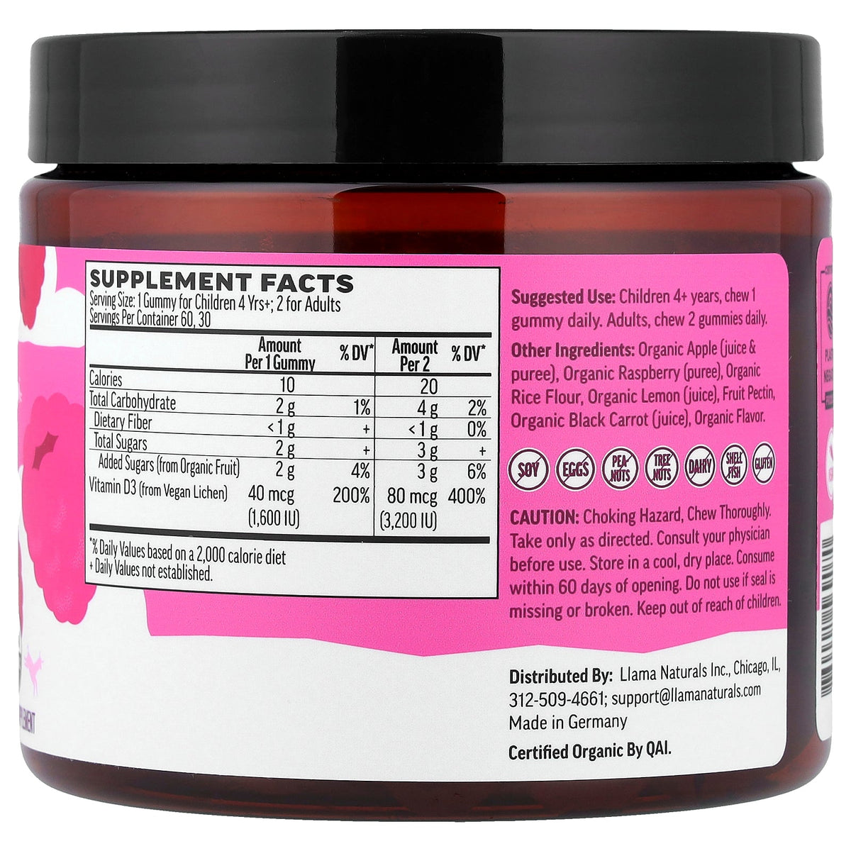 Llama Naturals, Kids & Adults Plant-Based Vitamin D3, Real Fruit Gummies, Really Raspberry, 60 Gummies