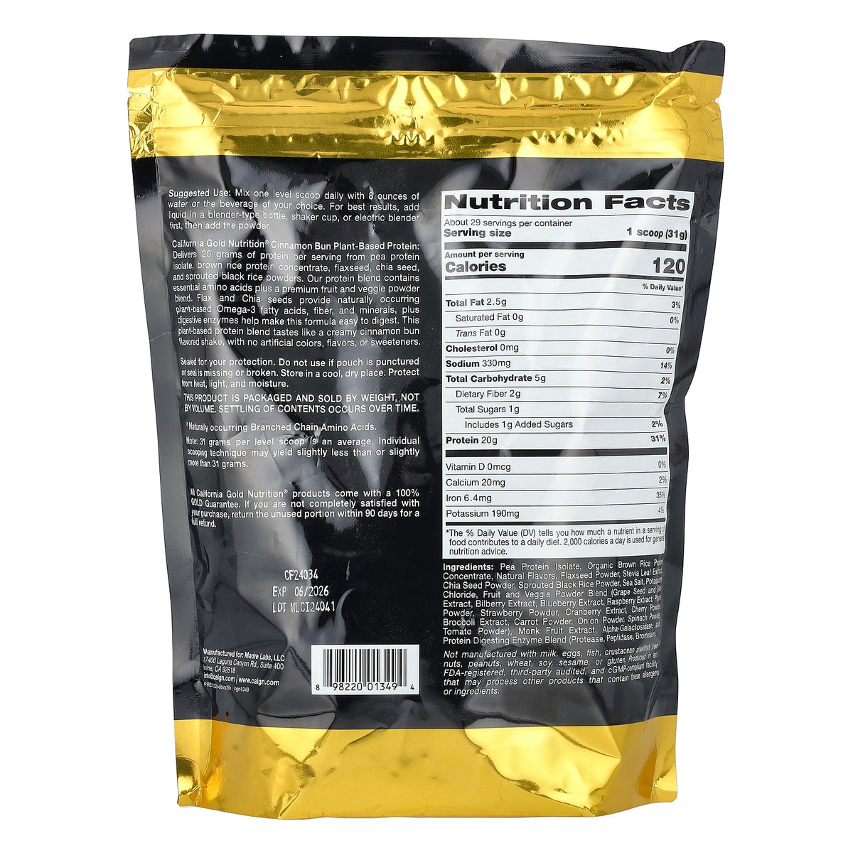 California Gold Nutrition, Sport, Plant-Based Protein with Organic Brown Rice Protein Concentrate, Flaxseed, Chia Seed, Cinnamon Bun, 2 lb (907 g)