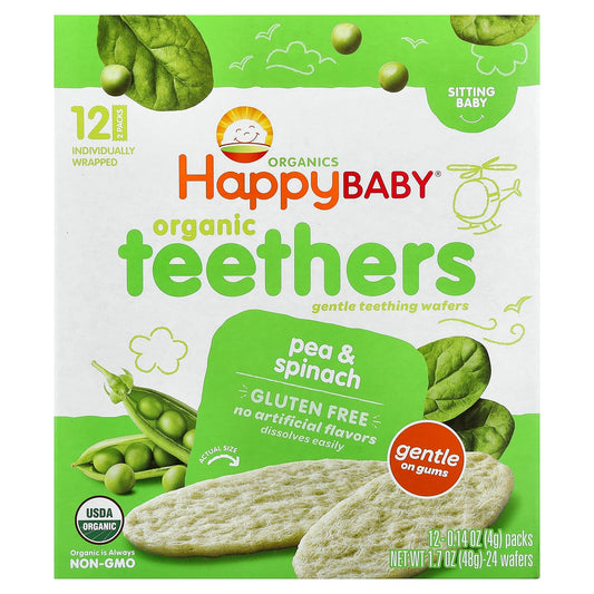 Happy Family Organics, Happy Baby®, Organic Teethers, Gentle Teething Wafers, Sitting Baby, Pea & Spinach, 12 Packs, 0.14 oz (4 g) Each