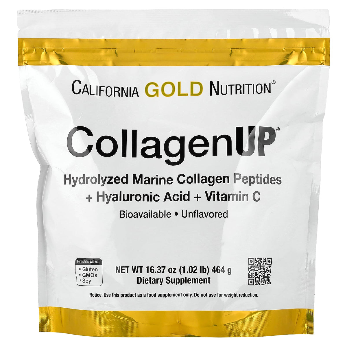 California Gold Nutrition, CollagenUP®, Hydrolyzed Marine Collagen Peptides with Hyaluronic Acid, Unflavored, 1.02 lb (464 g)