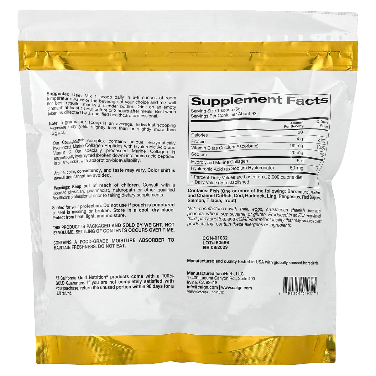 California Gold Nutrition, CollagenUP®, Hydrolyzed Marine Collagen Peptides with Hyaluronic Acid, Unflavored, 1.02 lb (464 g)