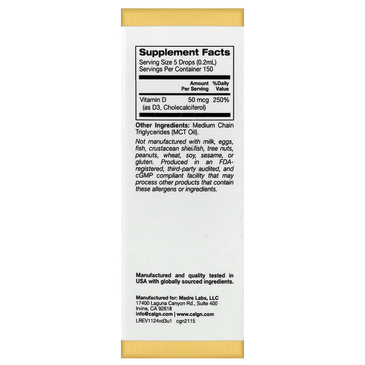 California Gold Nutrition, Vitamin D3, Unflavored, 50 mcg (2,000 IU), 1 fl oz (30 ml)
