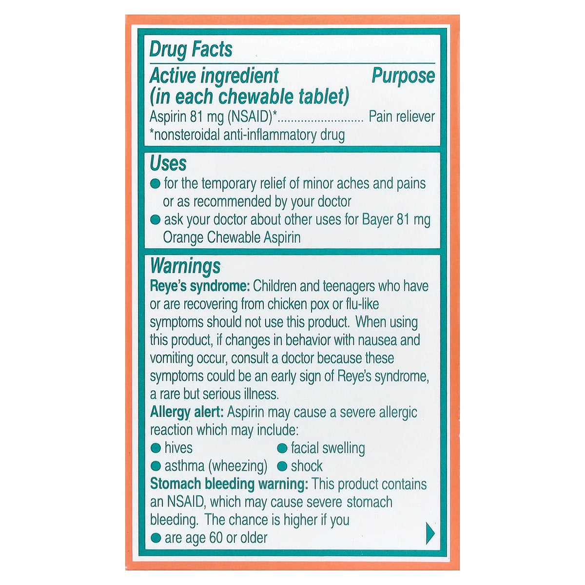 Bayer, Chewable Low Dose Aspirin Regimen, Orange, 81 mg, 36 Tablets