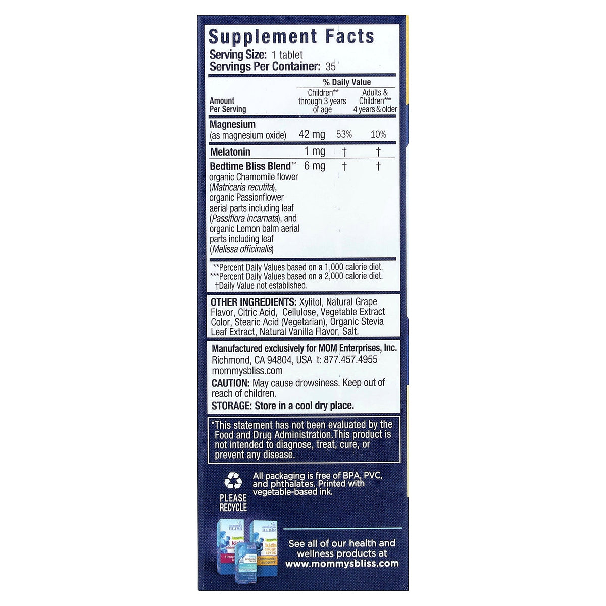 Mommy's Bliss, Kids Sleep Chewable, Melatonin + Magnesium, 3 Yrs+, Natural Grape, 35 Chewable Tablets