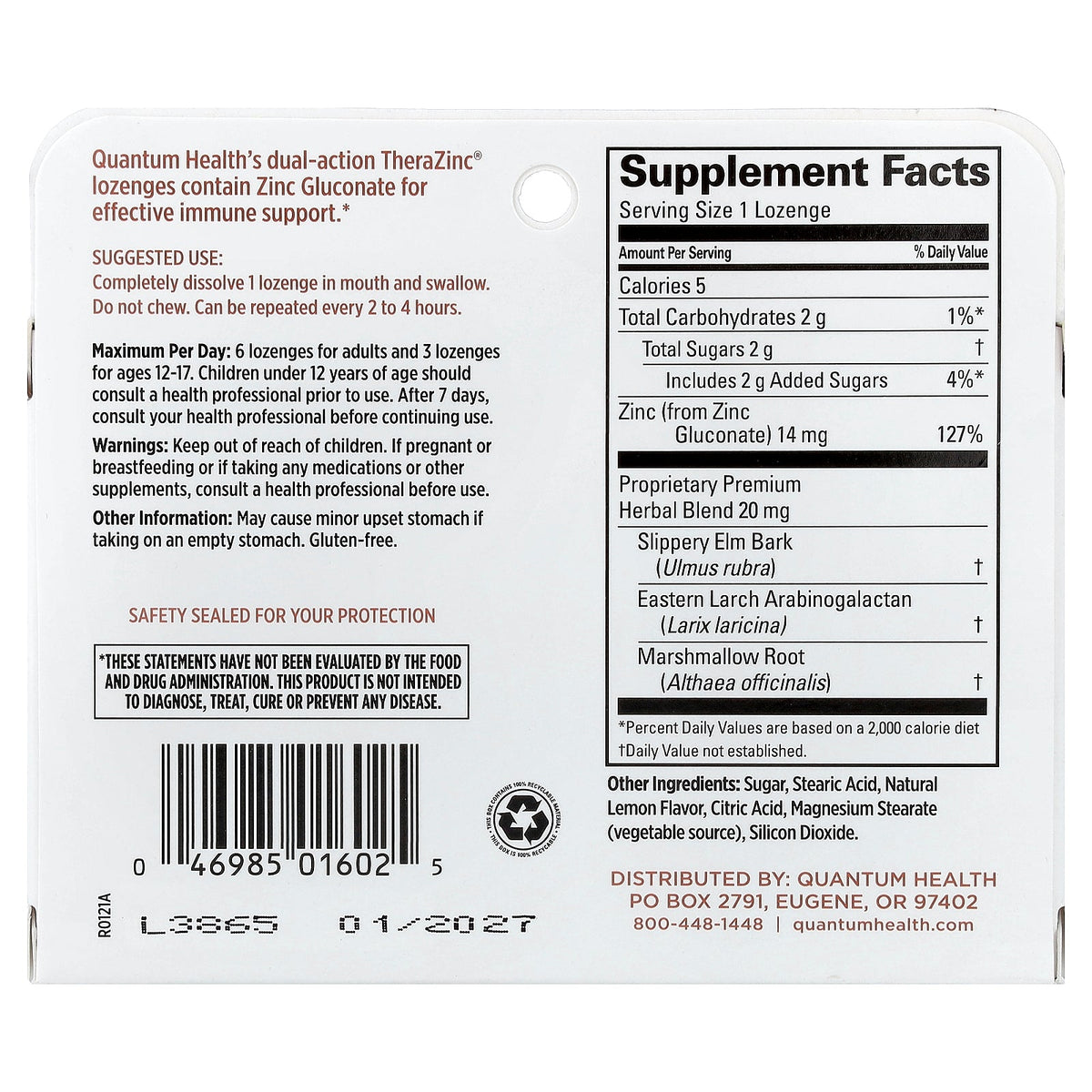 Quantum Health, TheraZinc®, Zinc Lozenges, Lemon, 24 Lozenges